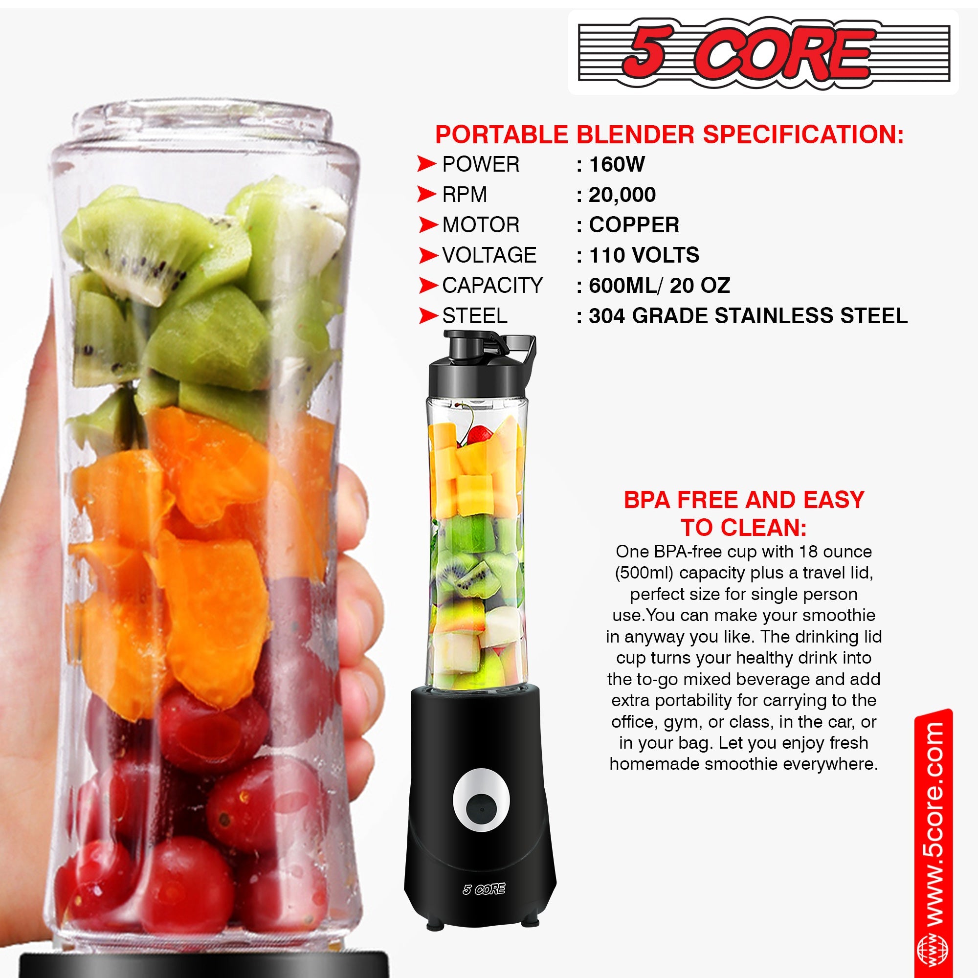 5Core Portable Personal Blender for Kitchen 20Oz Capacity 160W