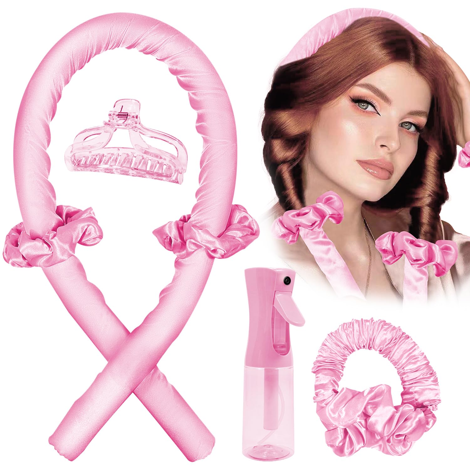 Heatless Hair Curler and Curling Scrunchie Set Heatless Curls Overnight Heatless Curling Rod With Spray Bottle Overnight Blowout Rods No Smell No Heat Wave Curlers for All Hair Types (Pink)