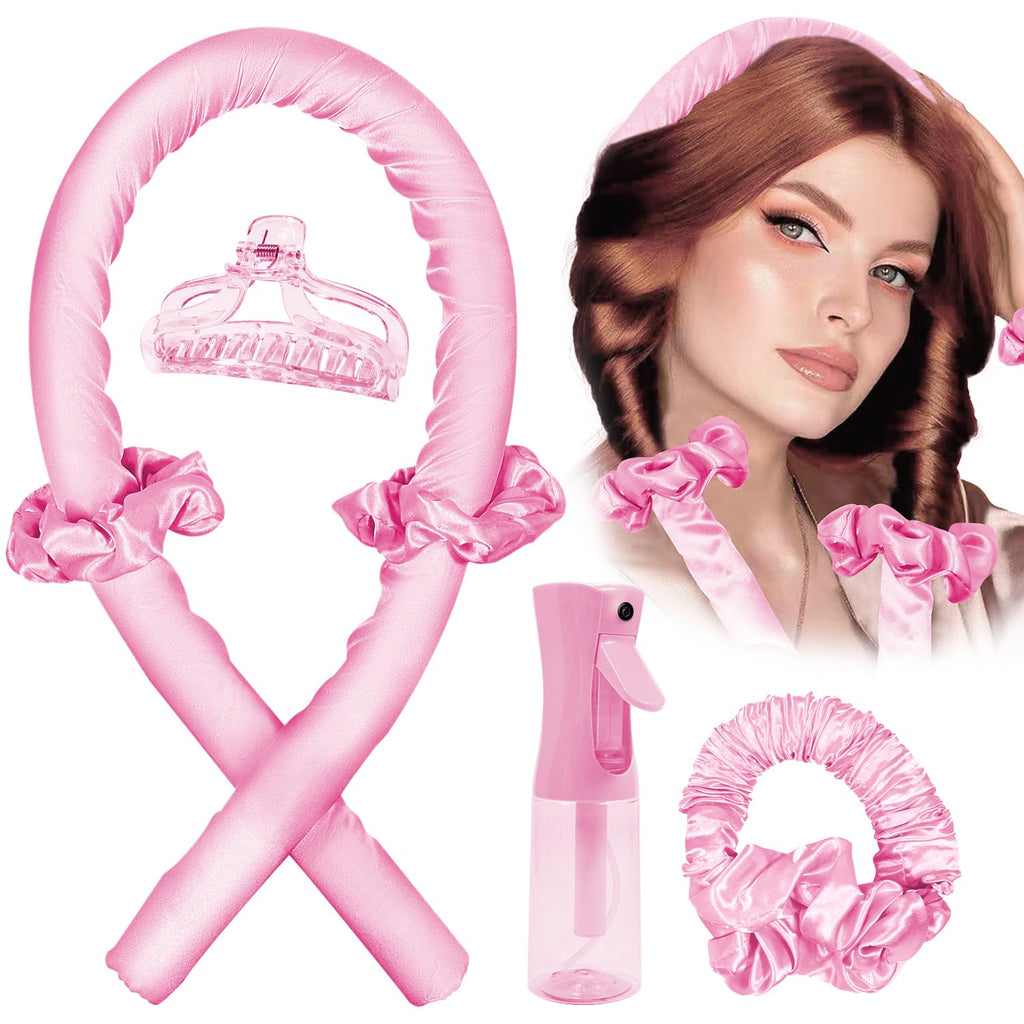 Heatless Hair Curler and Curling Scrunchie Set Heatless Curls Overnight Heatless Curling Rod With Spray Bottle Overnight Blowout Rods No Smell No Heat Wave Curlers for All Hair Types (Pink)