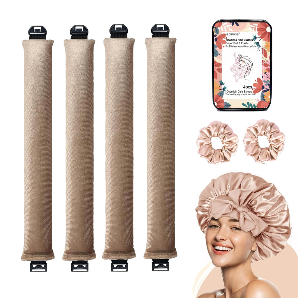 Heatless Hair Curler for Overnight Curls Jumbo Flexi Rods for Heatless Curls 4PCS Overnight Blowout Rods Hair Curlers to Sleep In Thick Curling Rod Curlers with Satin Hair Scrunchies & Bonnet